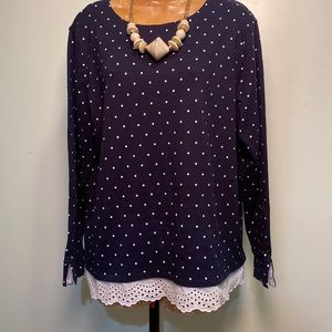 🛝sliding down 50%, Croft & Barrow Navy Blue Polka-Dot Lace Bottom PXXL Blouse